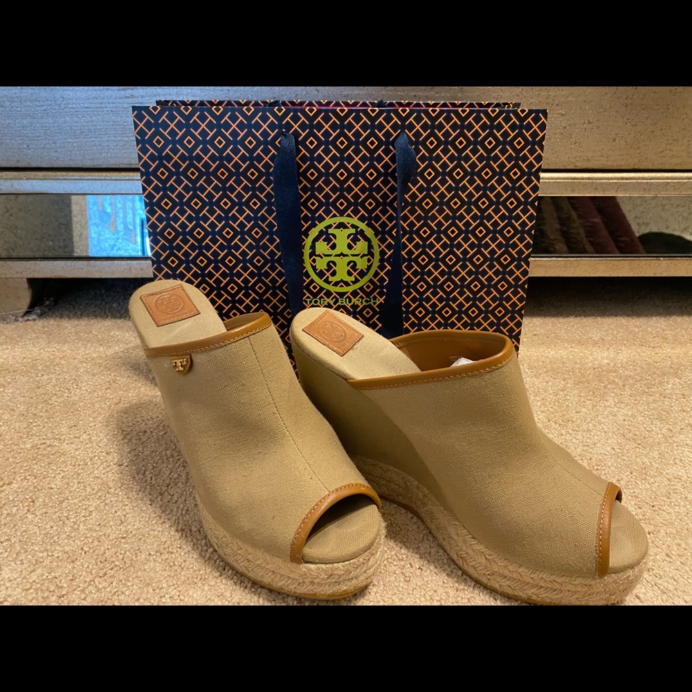 Tory Burch canvas peep toe wedges
